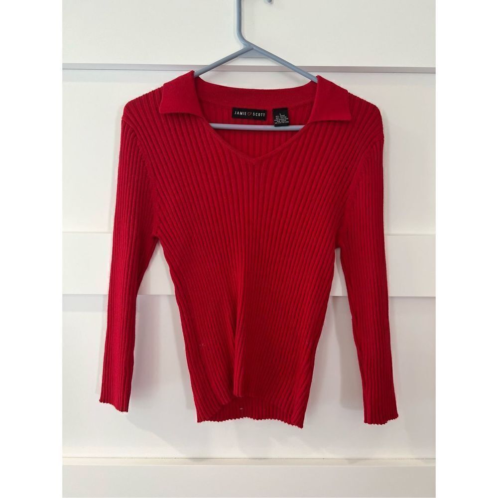 Saks Fifth Avenue Jamie Scott Red Ribbed Sweater with Collar Detail and V-neck